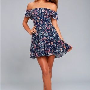 Lulus my favorite navy blue floral print off the shoulder dress size M